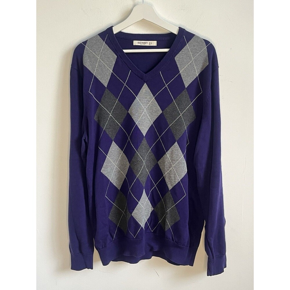 Vtg Old Navy Sweater Men's L Purple Navy w/Gray Purple Argyle Cotton academia